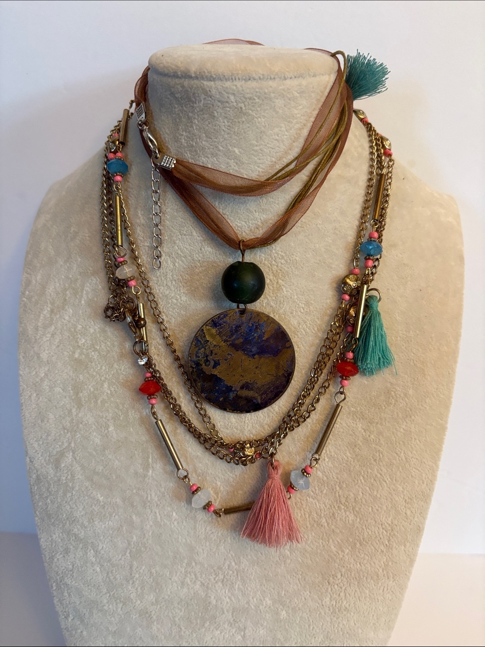 Boho Layered Necklace Set Tassel Pendant Multi Strand Festival Jewelry